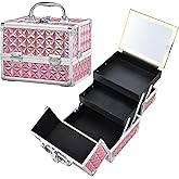 Faquenc Makeup Case with Lighted Mirror Travel Makeup Organizer Box Portable Lockable 2 Trays Cosmetic Train Case with LED Mirror for Girls Make up Nail Kits Sewing Vanity Storage Case, Shiny Pink