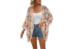 olrain Women's Floral Print Sheer Chiffon 3/4 Bat Sleeve Casual Loose Kimono Cardigan Capes