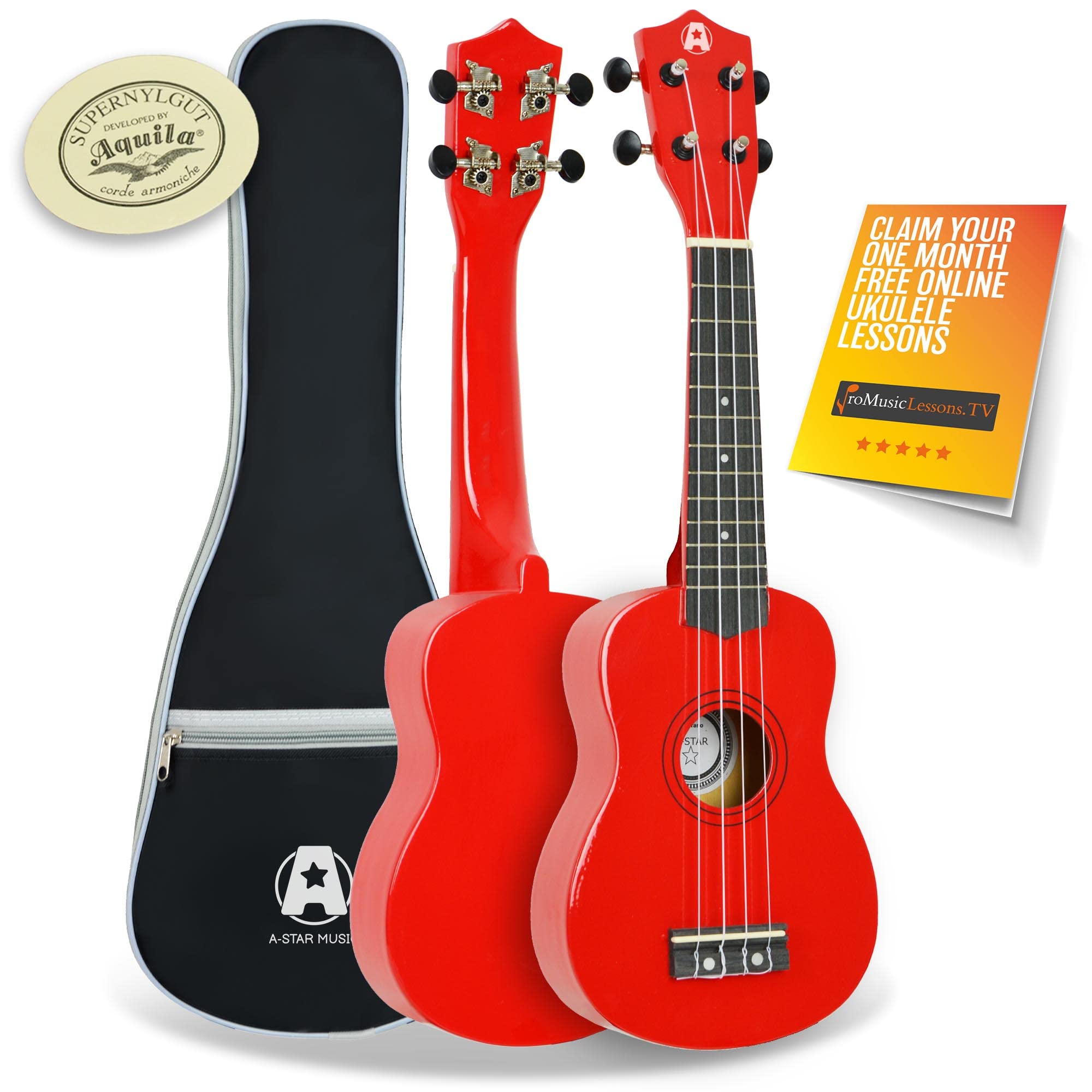 A-Star Soprano Beginner Ukulele in Red with Premium Aquila Strings, FREE Padded Bag, Instrument for Adults/Kids with FREE 1 Month Online Lessons