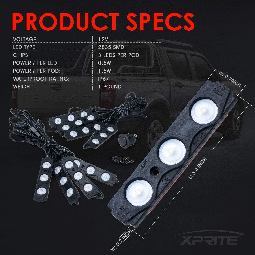 Xprite White Truck Pickup Bed Light Kit, 24 Led Cargo Rock Lighting Kits w/Switch for Van Off-Road Under Car, Side Marker, Foot Wells, Rail Lights - 8 PCS: Automotive