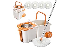 Masthome Spin Mop and Bucket with Wringer Set, Self Cleaning Mops and Bucket System with 4 Reusable Mop Heads, Microfiber Mop and Bucket Floor Cleaning System for Hardwood Ceramic Tile Marble -Orange