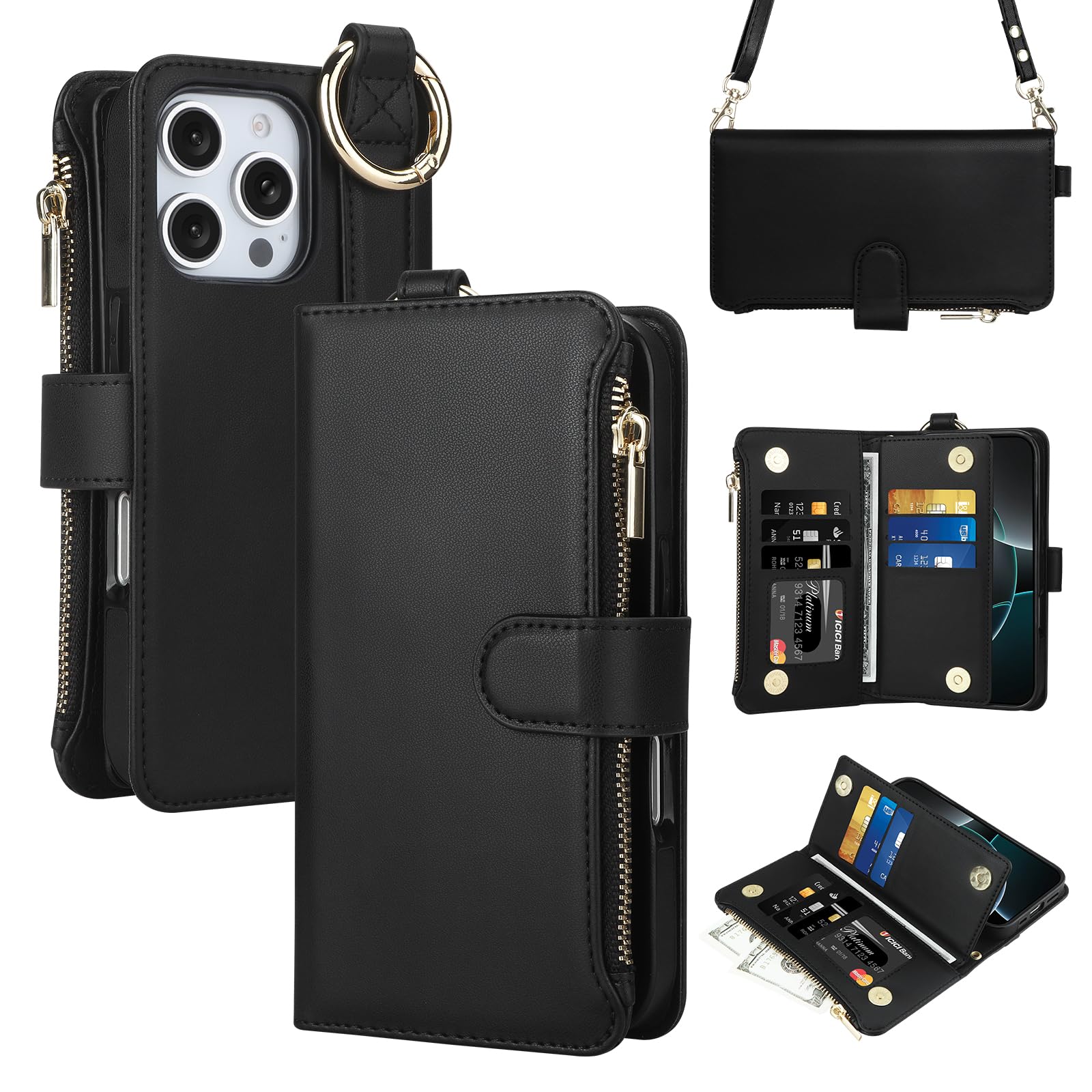 Photo 1 of Vofolen for iPhone 16 Pro Case with Card Holder Crossbody Strap Leather Flip Case with Magnetic Clasp Kickstand Zipper Pocket Metal Ring Heavy Duty Protective Wallet Phone Case for Women, Black