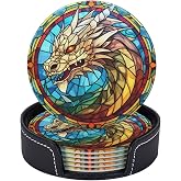 Dragon Drink Coaster Set of 6, Dragon Decor Gifts, Leather Drink Coasters with Holder, 6 Pack Cup/Bar/Drink Coasters for Table/Drinks/Coffee Protection Housewarming Gift (Dragon)
