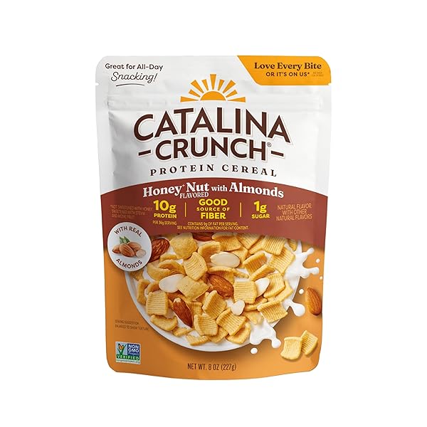 CATALINA CRUNCH PROTEIN CEREAL – BREAKFAST CEREAL WITH 10G OF PROTEIN, NO ADDED SUGAR – GLUTEN FREE – HONEY NUT WITH ALMONDS – 8 OZ. BAG (PACK OF 1), PACKAGING MAY VARY