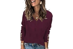 AKEWEI Womens V Neck Sweaters Long Sleeve Lightweight Knit Pullover Tops with Decorative Buttons