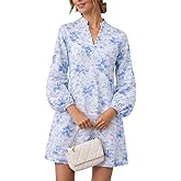 Women Floral Mini Dress Puff Long Sleeve Stand Collar Casual A Line Shift Short Dress