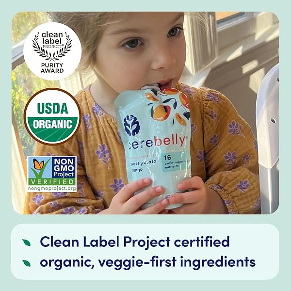 CEREBELLY ORGANIC BABY FOOD POUCHES – ORGANIC VEGGIE PUREES FOR TODDLERS | NO ADDED SUGAR, FIBER, NON-GMO | BLENDED TODDLER FOOD | 4OZ BPA-FREE BABY FOOD | SWEET POTATO MANGO | 6 COUNT