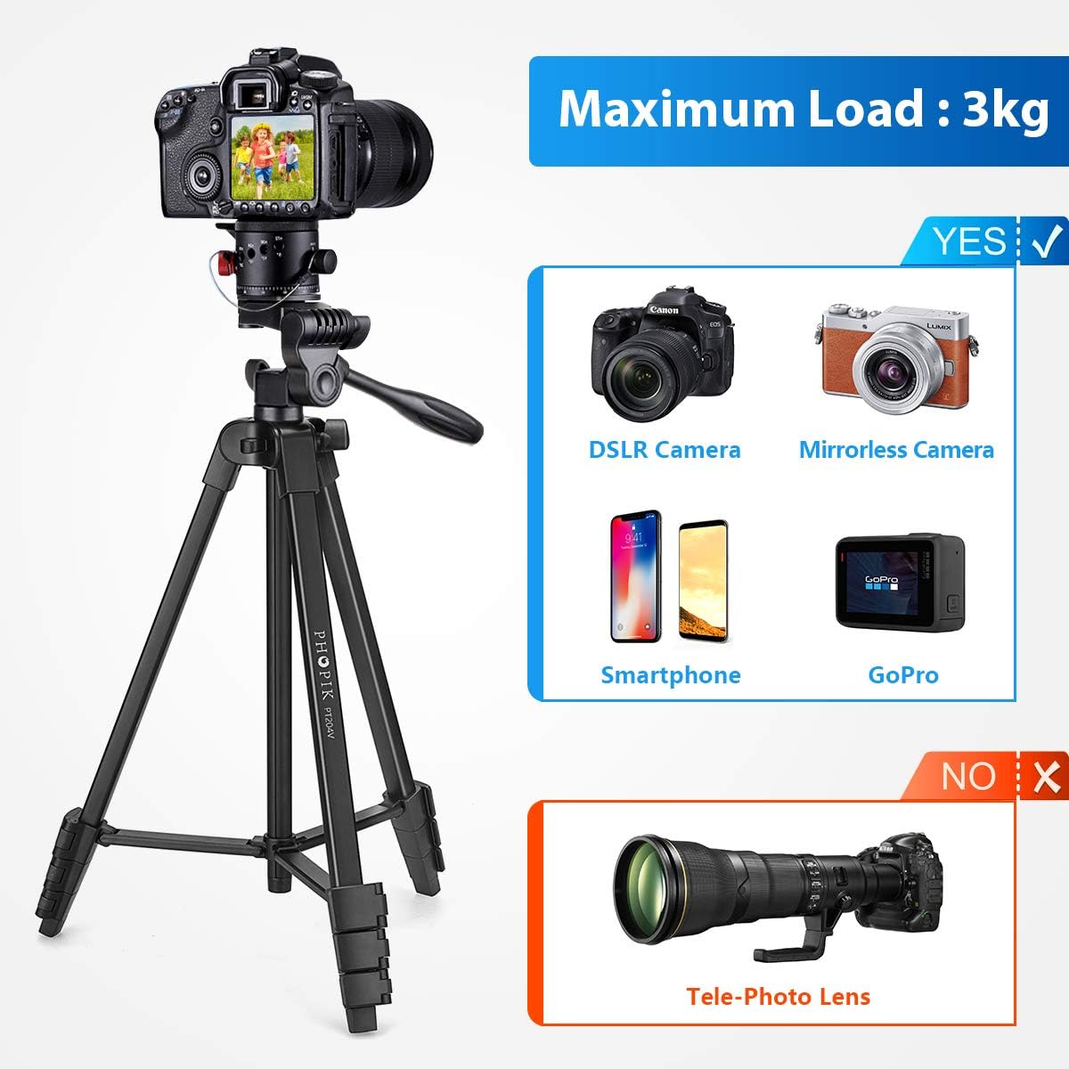 PHOPIK Phone Tripod 55 inches, Aluminum Travel/Camera/Mobile Phone Tripod with Carrying Bag with a Maximum Load of 6.6 pounds, Remote Shutter, Compatible with Smartphone & Tablet & Camera.: Camera & Photo