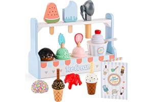 umu Wooden Ice Cream Counter Play Set Toy - Pretend Kitchen Accessories for Kids, Interactive PretendFood ,Montessori Shape Sorter 21 PCS Toddler Christmas Birthday Toys Gift 3+ Kids Girls &Boys