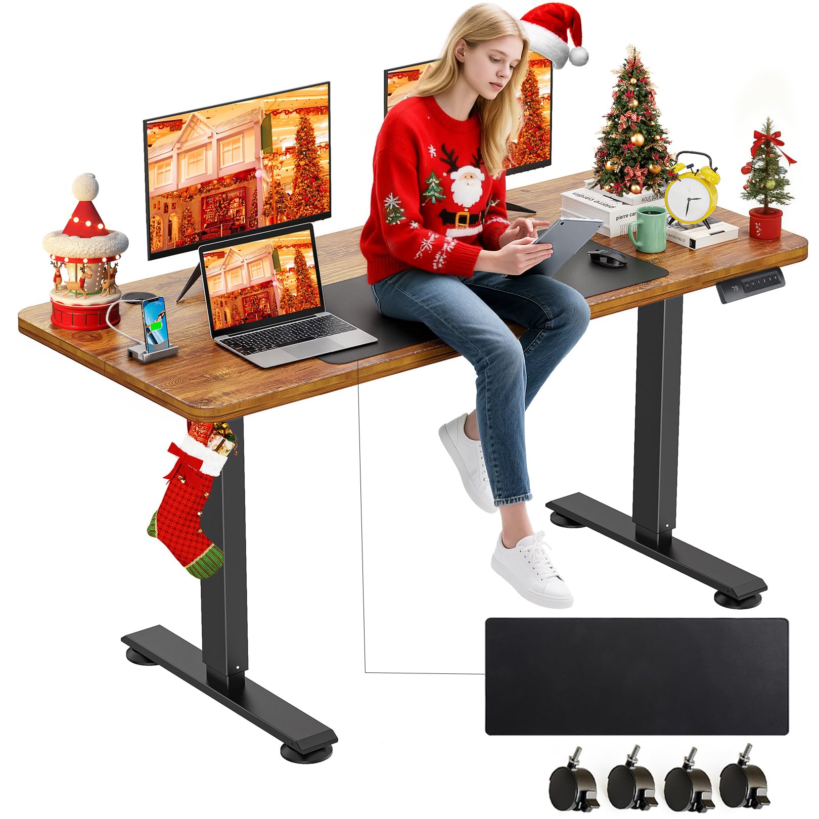 farexon 55 x 24 Inch Electric Standing Desk Adjustable Height, Sit-Stand Desk with Oversized Mouse Pad， Double Crossbeam Structure, Four Preset Heights, 27''-45'' Lifting Range Stand up Desk