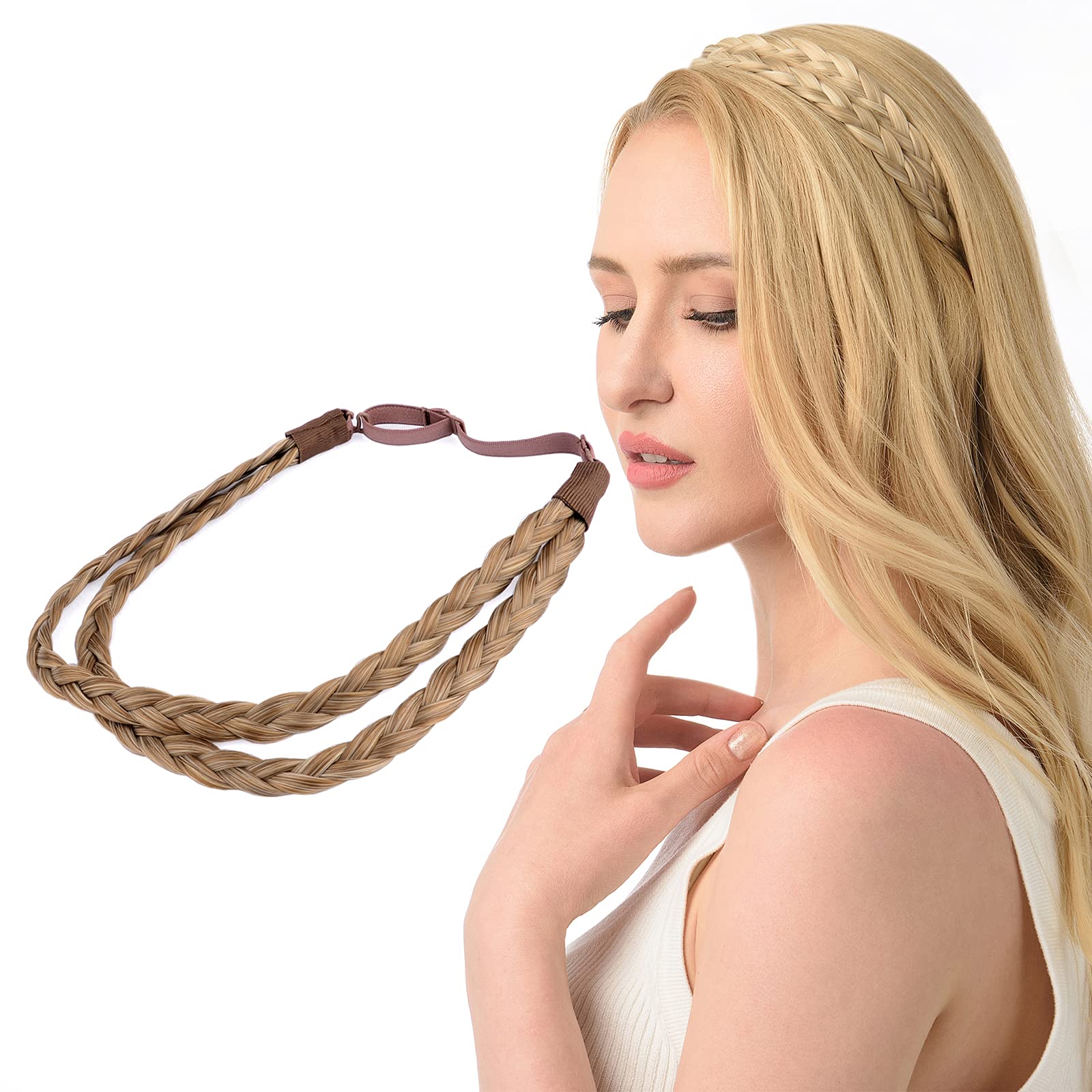 Gledola Double Three Strands Braid Headband Synthetic Hair Plait Headband for Women Hair Accessory (Caramel Blonde)