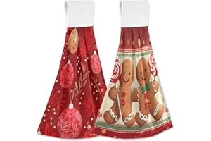 Boccsty Christmas Cute Gingerbread Hanging Kitchen Towels 2 Pieces Red Snowflake Xmas Ball Dish Cloth Tie Towels Hand Towel Tea Bar Towels for Bathroom Farmhouse Housewarming Tabletop Home