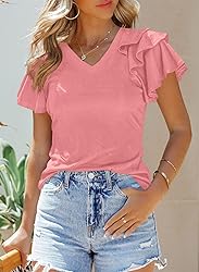 SHEWIN Womens Shirts Summer Ruffle Sleeve V Neck