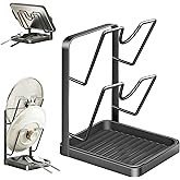 Kitchen Pot Lid Storage Rack, Stainless Steel Pot Lid Holder While Cooking for Countertop, Multifunctional Pots Lids Organizer Rack with Removable Drip Tray for Spatulas, Ladles & Large Lids (Gray2)
