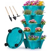 GameXcel Vertical Planter Tower - 5 Tier Stackable Garden Planters with Wheels and Tools Plant Pots for Strawberry Herb Flower and Vegetable Indoor Outdoor Use Teal