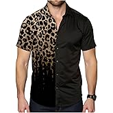 OYOANGLE Men's Leopard Button Down Shirts Color Block Short Sleeve Beach Vacation Shirt Top