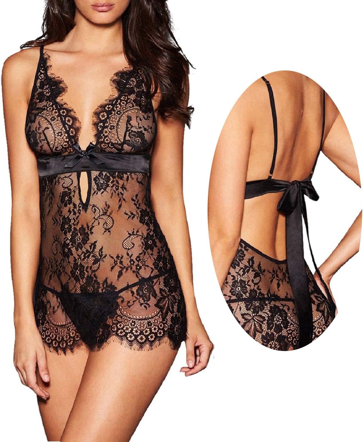 AnloveKiss Women Sexy Lingerie Black Eyelash Lace Chemise Babydoll Nightwear
