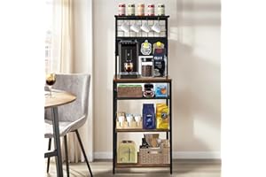 DecorDudz 5 Tier Coffee Bar Station, Coffee Stand with 4 S-Shaped Hooks, Bakers Rack with Storage, Farmhouse Corner Microwave Stand with Fridge Magnets, Kitchen Storage Shelf Rack for Small Spaces