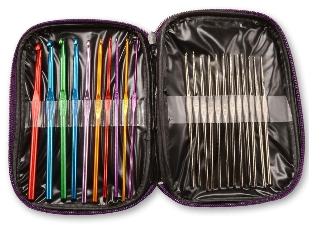 AKORD 22-Piece Set Multi-Colour Aluminum Crochet Hooks Needles Knit Weave Craft Tool