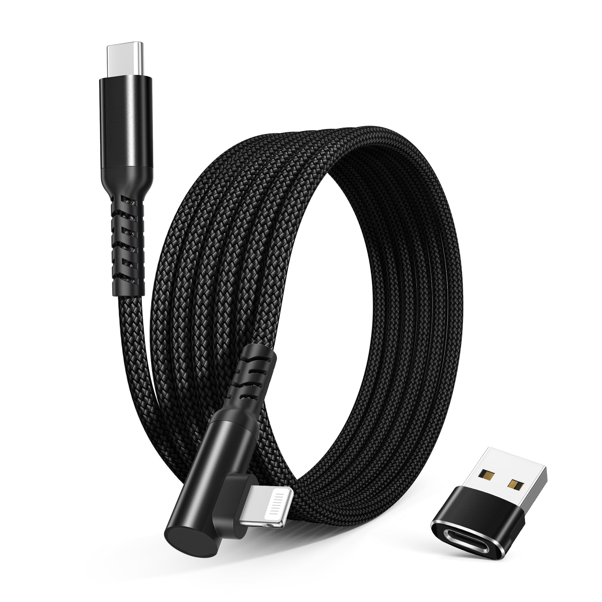 Basesailor USB C to Lightning Charger Cable Right Angle 3M with USB A Adapter,USB Type C Fast Charging Cord Lead for Apple iPhone 14 13 12 11 Mini Pro Max Plus,XS XR X 8 7 SE,iPad 9 8th 9th Generation