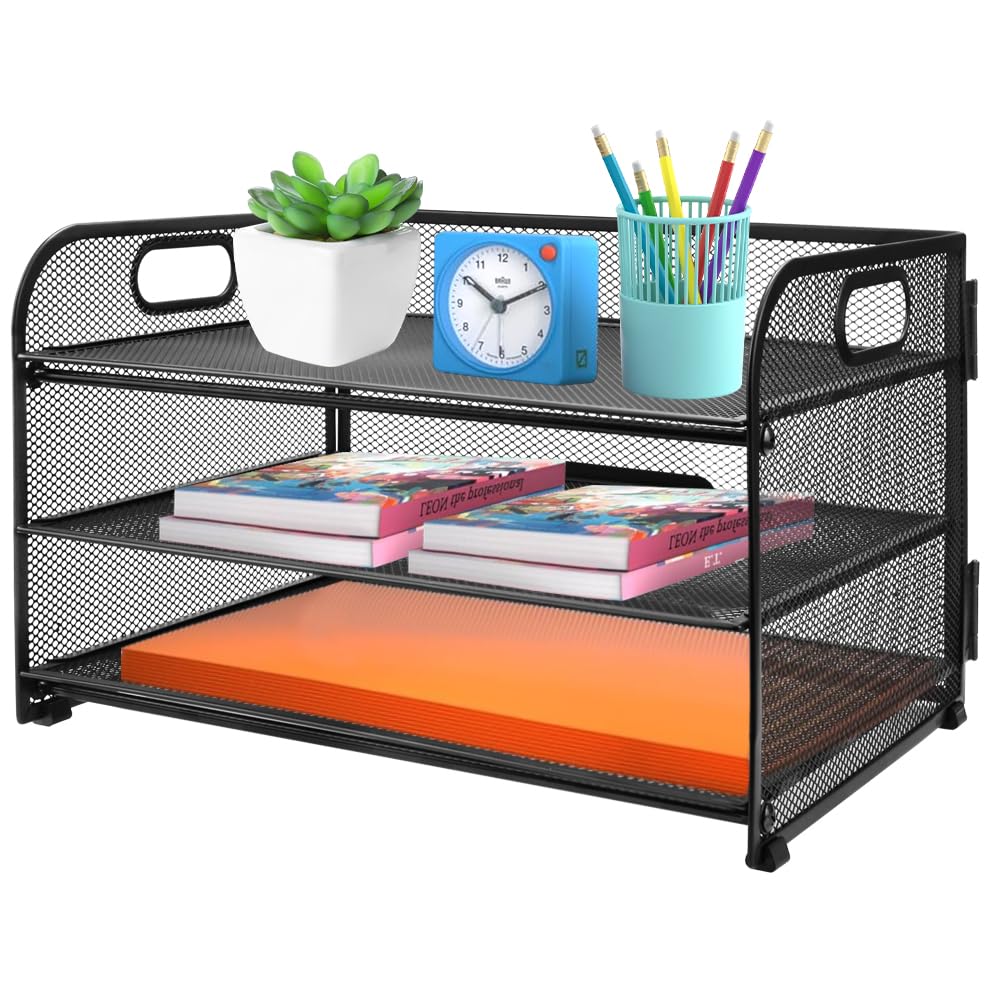 HEKOBAG 3 TierDesk Organiser with Handle, Pull-out Mesh File Organizer for Desk Letter Tray Organizer Mesh Desk Organiser Tray Paper Storage Rack for A4 File Office Supplie