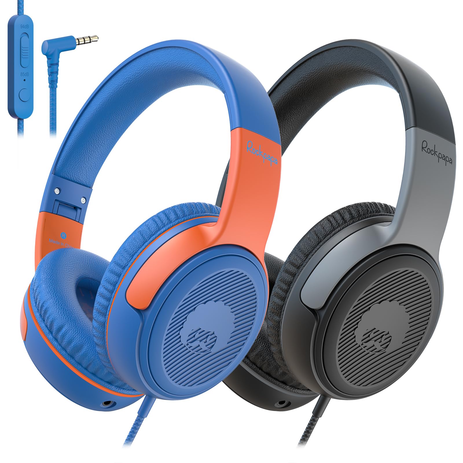 Rockpapa Share1 Kids Headphones Wired with Microphone, 85/94dB Volume Limited, Sharing Function, Foldable, Adjustable, Childrens Headphones Over Ear for School/Travel/Phone, Grey Black + Blue Orange
