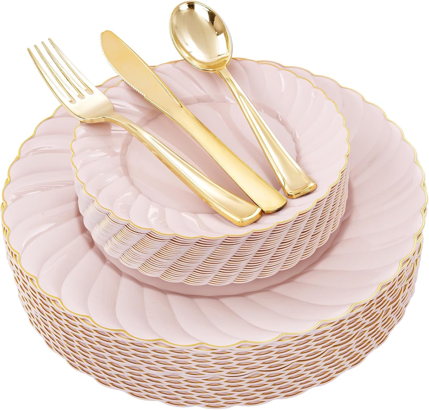 Photo 1 of ***USED-MISSING PIECES SELLING AS IS*** YOUBETPink Plastic Plates with Gold Rim - Scalloped Plastic Plates Set Includes 9 Dinner, 4 Dessert Plate, for for Wedding Birthday Baby Shower Mothers Day