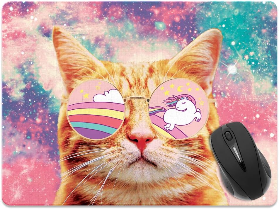 Extra Large (X-Large) Size Non-Slip Rectangle Mousepad, FINCIBO Unicorn Cat with Glasses Mouse Pad for Home, Office and Gaming Desk