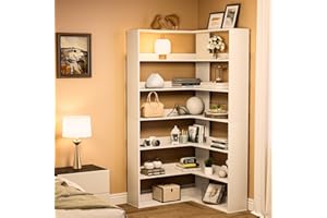 6-Tier L-Shaped Modern Corner Bookshelf – 71'' Tall White Wooden Bookcase with Back Panels & Baffles, Large Storage Display S