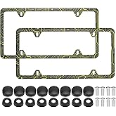 4 Holes Topographic Topography Map Exploration Discovery Stainless Steel License Plate Frames, 2 PCS Car Licence Plate Covers, with Bolts Washer Caps for US Vehicles (Yellow)