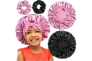 2+2 Satin Bonnets with Scrunchies for Kids, Cute Hair Bonnets for Girls Sleeping Curly Hair, A