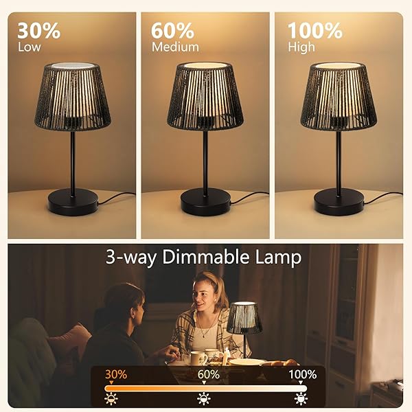 TOUCH BOHO LAMP DIMMABLE, 3-WAY BEDSIDE TABLE LAMP 14.2″, ROPE LIGHT FOR BEDROOM NIGHTSTAND FARMHOUSE, BULB INCLUDED, 2 PACKS (BLACK)