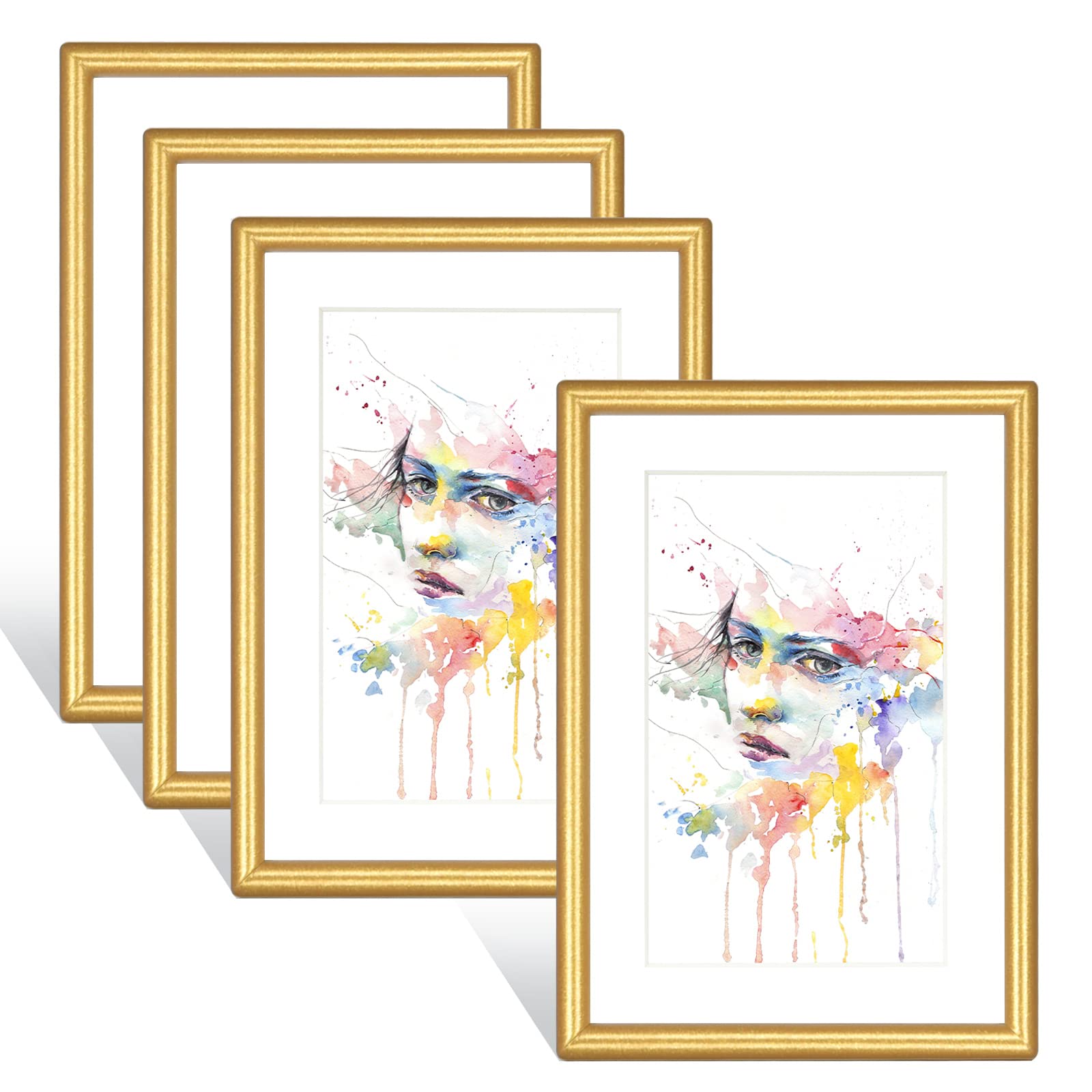 Photo 1 of Fkvat 4x6 Picture Frames Set of 4, Gold Matte Thin Modern Metal, for Horizontal & Vertical Wall Hanging and Tabletop, Aluminum Floating Photo Frame, Display 3x5 with Mat or 4x6 without Mat (4 Pack)