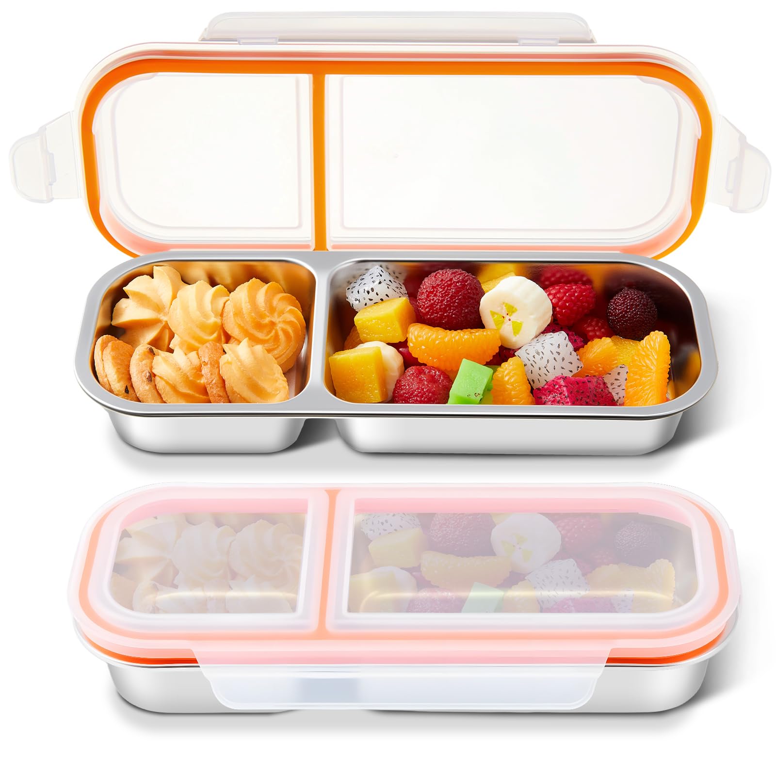 Photo 1 of Blushtier 2 Pcs Grab and Go Snack Containers, 2 Compartment Sauce Cups Stainless Steel Snack Containers, Reusable Condiment Box with Lids, Divided Food Storage Box for School Home Travel