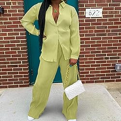 Women's Pleated Matching Sets Long Sleeve Button
