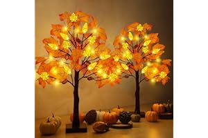 SURCVIO 2 Pack 24 Inch Prelit Fall Maple Tree Decorations with 48 LEDs Timer Fall Battery Operated Lighted Artificial Pumpkin Acorn Light Up Maple Tree for Thanksgiving Harvest Table Home Indoor Decor