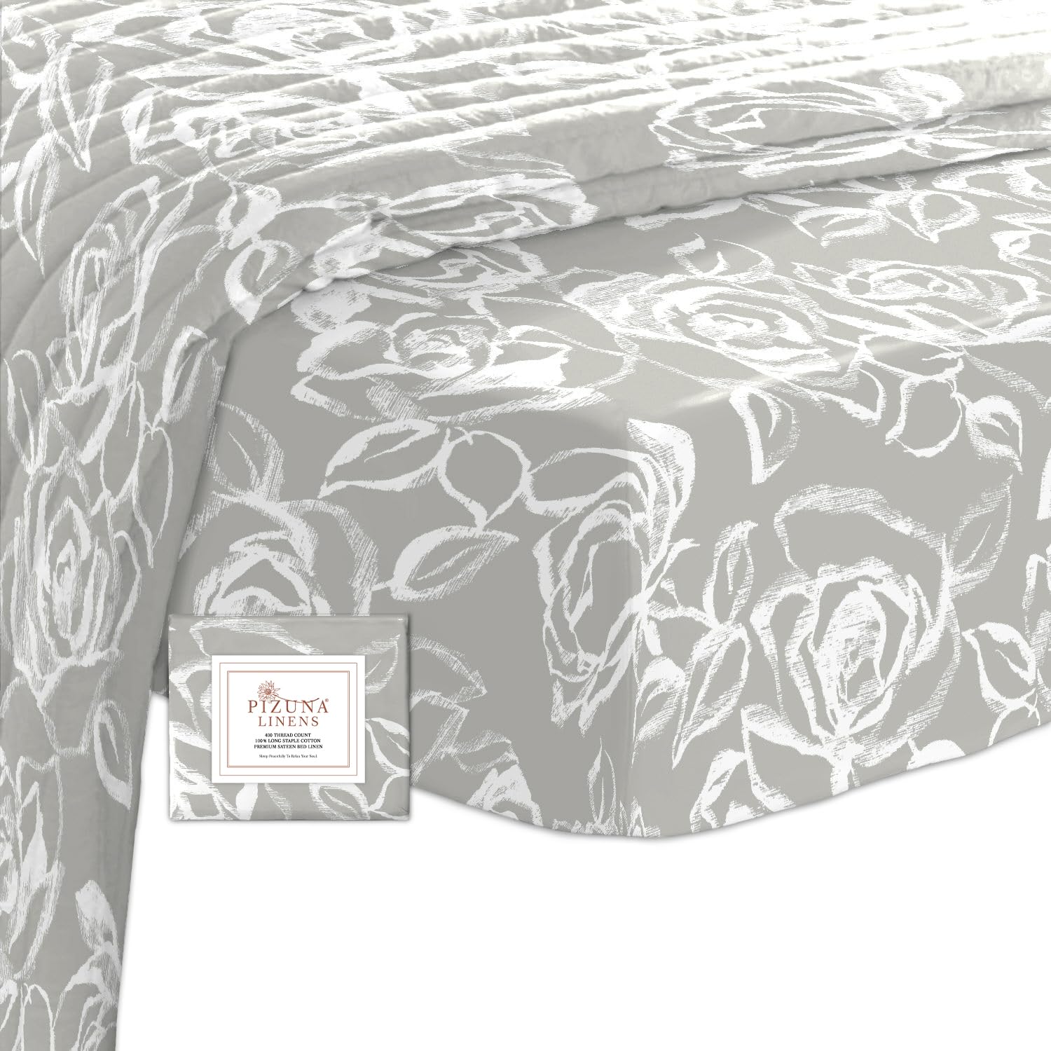 Pizuna Cotton Simply Floral Silver Printed Fitted Sheets Double Bed 400 thread Count 100% Long Staple Sateen Cotton Printed Double Fitted Sheet 140x200 of 40 cm Deep Pocket 1 Pc (Bed Sheets Double) — image 1