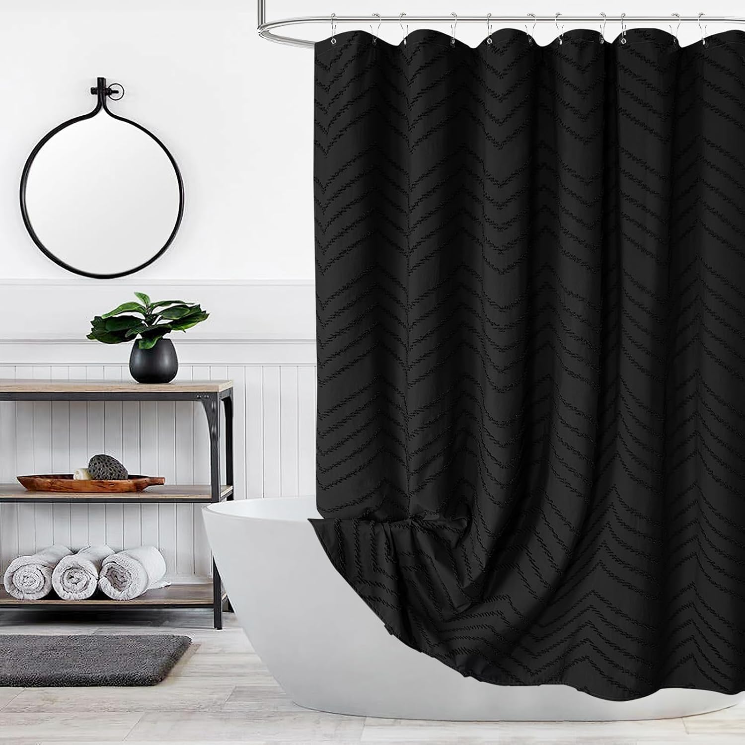 Photo 1 of Extra Long Black Boho Shower Curtain 96 Inch Black Tufted Chevron Striped Fabric Shower Curtains for Bathroom Modern Shabby Chic Waterproof Cloth Shower Curtain Set with Hooks