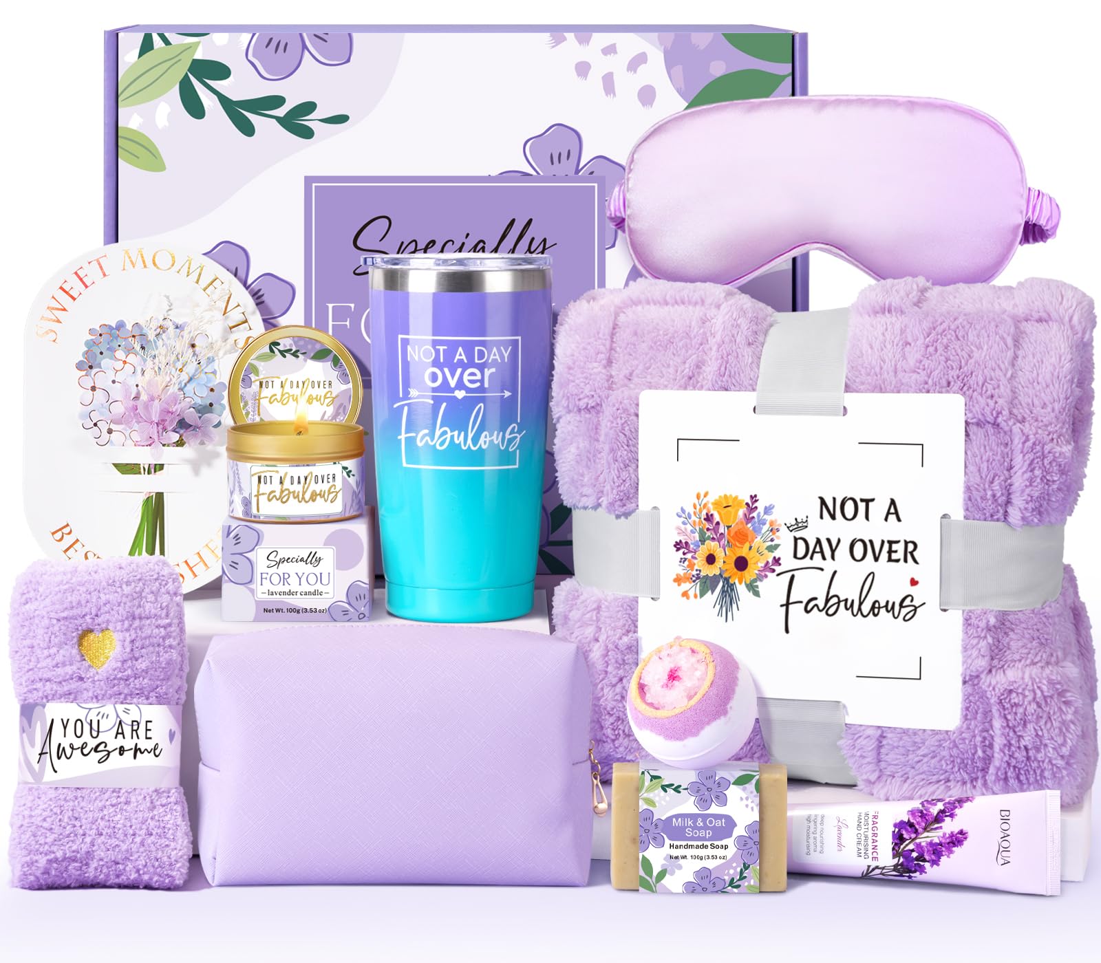 Birthday Gifts for Women Self Care Friendship Gifts, Lavender Relaxing Spa Gifts Basket Care Package w/ Luxury Flannel Blanket 20 Oz Tumbler, Unique Mothers Day Gift for Mom Her Friend Sister Wife