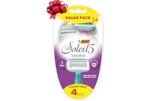 BIC Soleil 5 Sensitive Women's Disposable with 5 Blade Razors, Water Activated Moisture Strip and Anti-Slip Grip, 4-Pack, Holiday Gift
