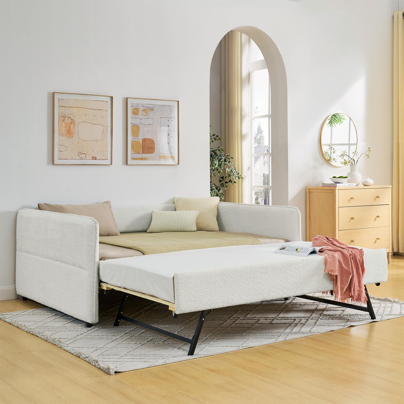 Photo 1 of **ITEM GRAY BLACK NOT BEIGE**
Antetek Full Size Daybed with Pop up Trundle, Upholstered Boucle Fabric Day Bed Frame with Twin Roll-Out Trundle, No Box Spring Required, for Bedroom, Living Room, Study, Small Space, Upgraded Beige
