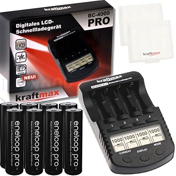 Kraftmax BC-4000 Pro Akku Ladegerät inkl. 8x Eneloop PRO AA / Mignon Akkus - Neueste Generation - 2550 mAh
