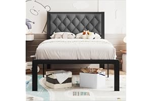 Foredawn Twin Bed Frame with Linen Upholstered Headboard, Metal Support, No Box Spring Needed, Noise Free, Under Bed Storage, Easy Assembly, Grey