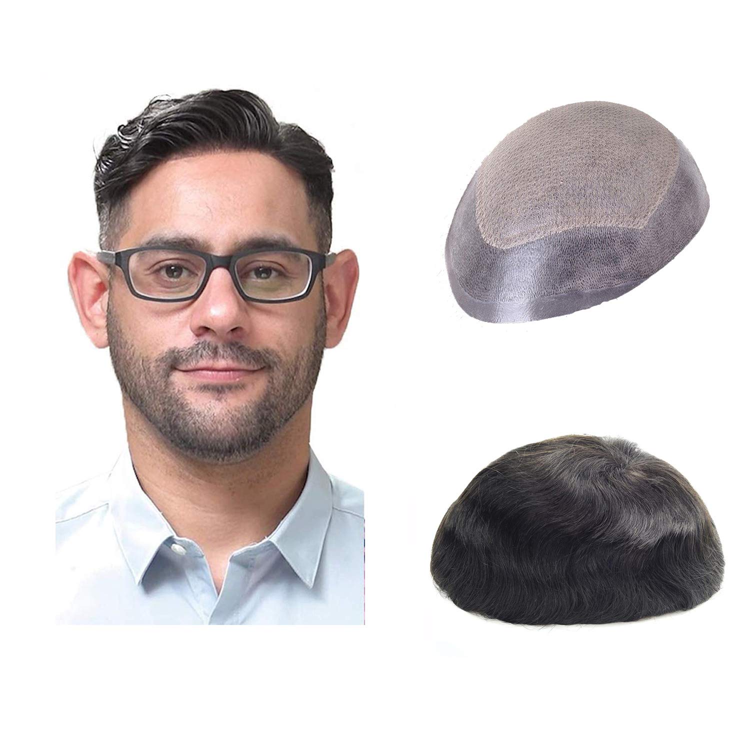 Lordhair Knotless Toupee for Men, Skin Flat Injected Human Hair System, Base Size 8x10 Inch Light Medium Density Front Contour A Shape Mens Hairpiece