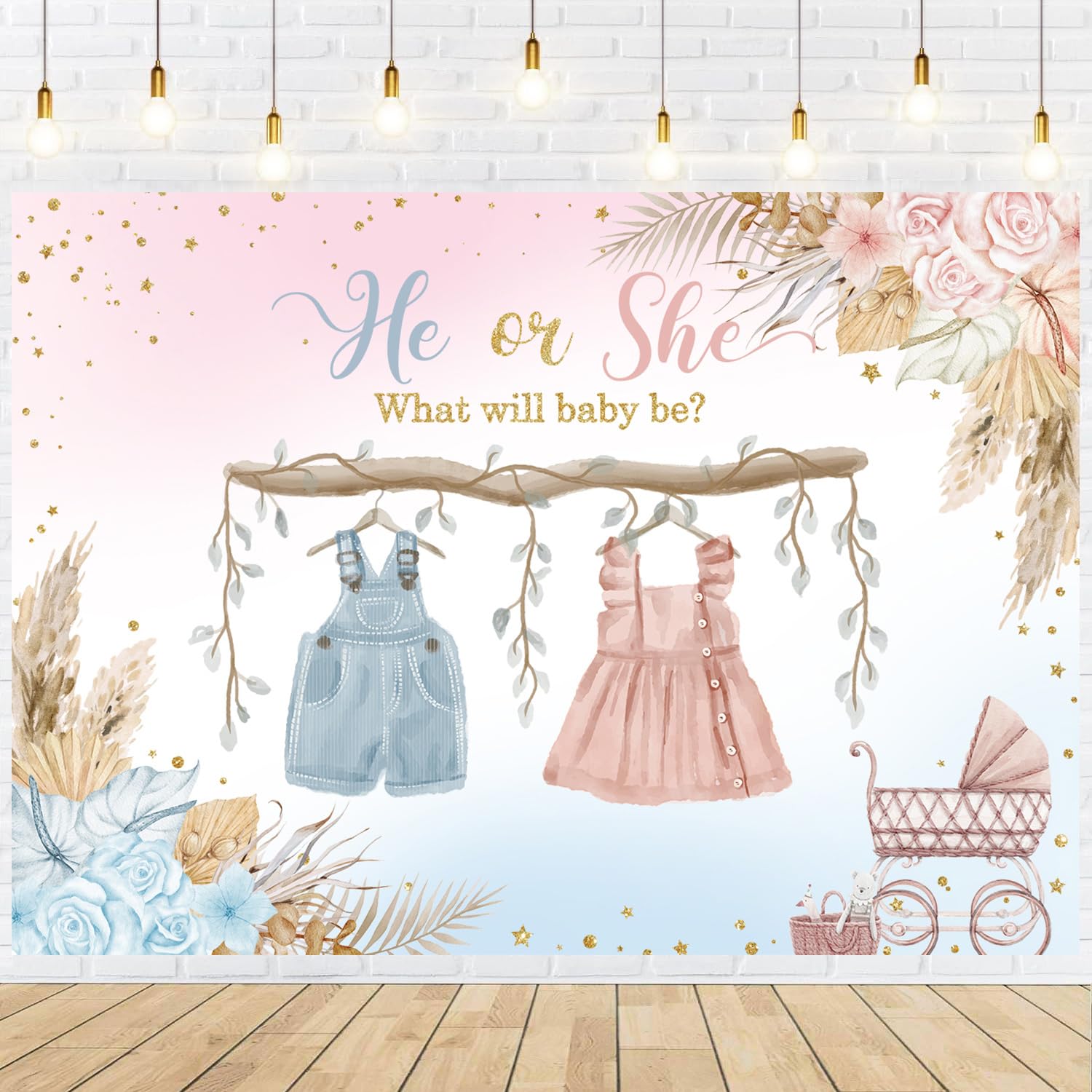 Photo 1 of Withu Boho Gender Reveal Backdrop for Photography He Or She Blue Pink Cute Clothes Floral Flowers Boy or Girl Baby Shower Party Background Decorations Banner 7x5ft