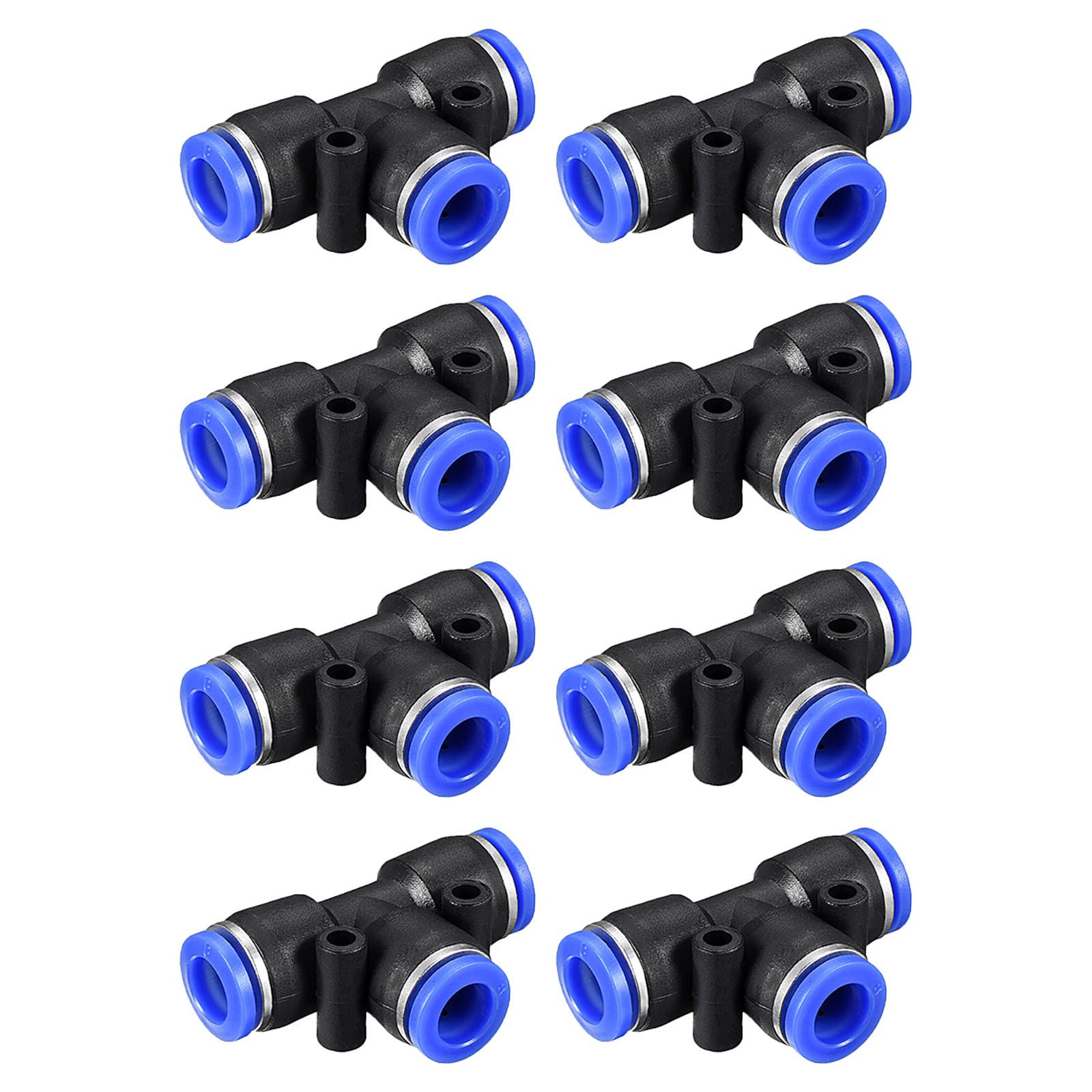 M METERXITY 8 Pack Tee T Shape Push to Connect Air Hose Fitting, for Transporting Air Water, Apply to Outdoor/Industrial (8mm, Black Blue)