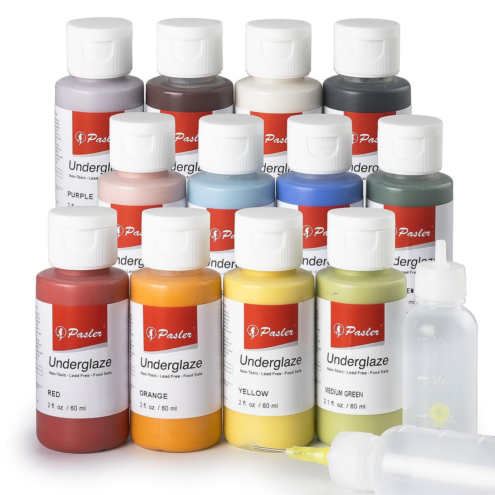Pasler Underglaze Set - 2 fl oz/60 ml, Concentrated Opaque Liquid Underglaze for pottery bisque, Set of 12 Colors