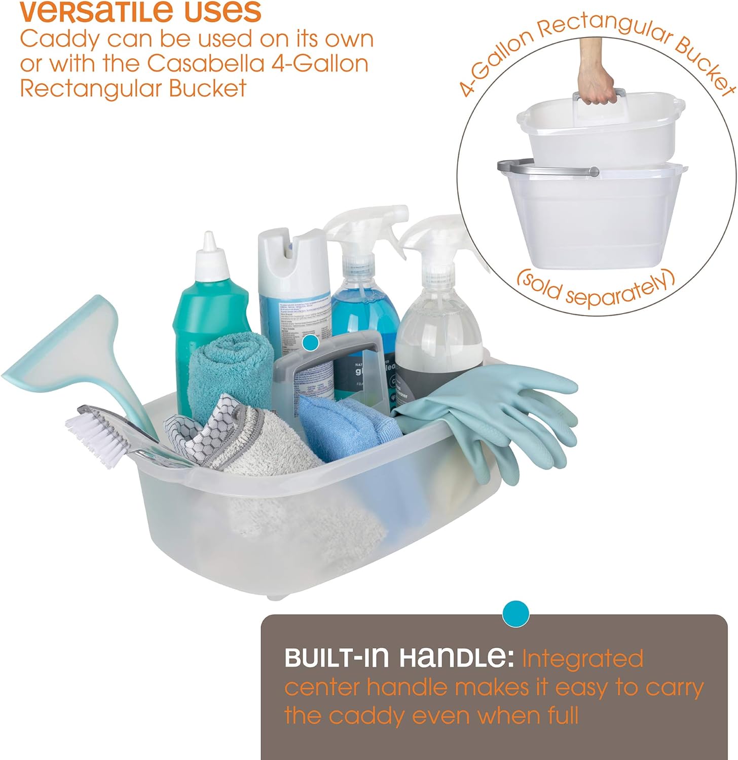 Casabella Cleaning Handle Bucket, Clear/Silver Rectangular Storage Caddy, Graphite, 4 gallons, Translucent: Home & Kitchen