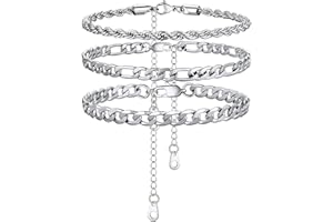 U7 2Pcs/3Pcs Ankle Bracelets for Women, Stainless Steel Cuban Link/Figaro/Rope/Heart Chain Anklets Sets,Waterproof Layered An