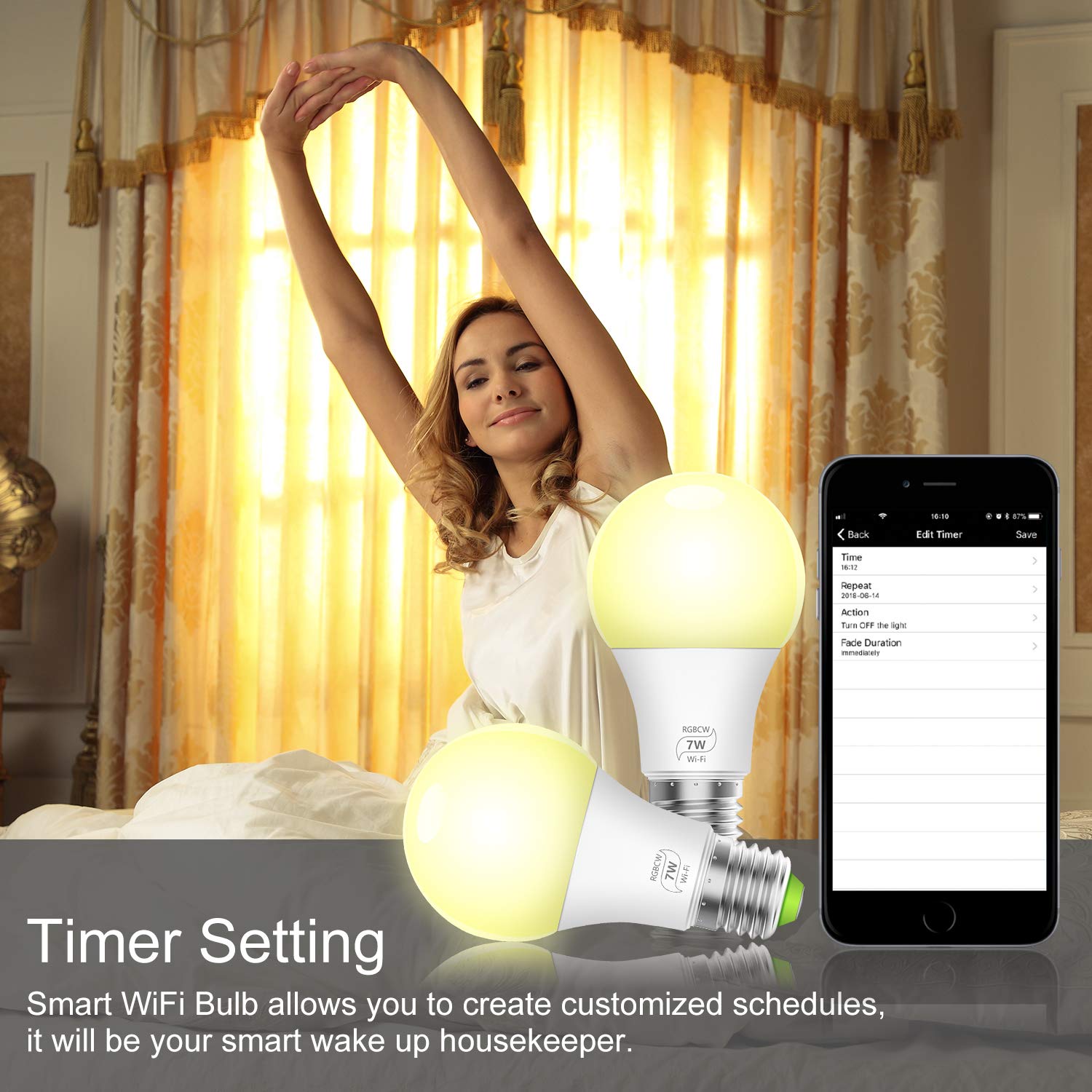 WiFi Dimmable Smart Light Bulb- Bistee Smart WiFi Bulb E26 7W RGBW Dimmable Smart Color Light Bulb with Remote Control 500 lm Compatible with Alexa Google Home,No Hub Required, 2 Pack LED Bulbs